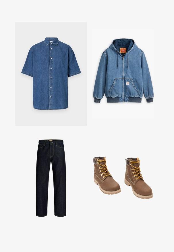 Blaues Denim-Hoodie mit Reißverschluss, Fronttaschen, gerippten Bündchen und Saum sowie einer gesteppte Innenseite. Levi's-Etikett sichtbar innen.; Kurzärmliges Denim-Shirt in Dunkelblau. Verfügt über eine durchgehende Knopfleiste, klassischen Kragen und gestichelte Details entlang der Kanten.; Dunkelblaue Jeans mit geradem Bein, gelber Naht, Frontknopf- und Reißverschluss sowie fünf Taschen.; Braune Lederarbeitsstiefel mit gelben Schnürsenkeln, gepolstertem Kragen, robustem Profil und kontrastierenden Nähten. Verstärkte Zehenkappe und Logodetail auf der Zunge.