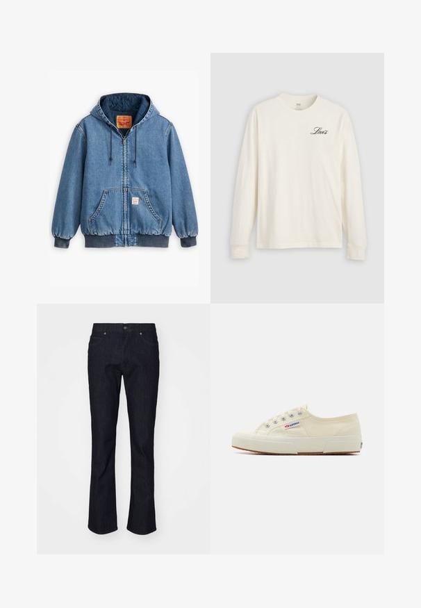 Blå denim hoodiejakke med lynlåslukning, frontlommer, ribbede manchetter og kant, samt en quiltet inderside. Levi's mærket synligt indeni.; Hvid langærmet T-shirt med rund hals og lille sort "Levi's"-logo øverst til venstre på brystet, vist mod en lys grå baggrund.; Mørk denim jeans med lige ben-design, der har en klassisk fire-lomme stil og diskrete syninger. Metalknap og nitter inkluderet.; Beige lærredssneaker med et lavprofildesign, metaløjet og gummisål. Har et tekstureret mønster og logodetalje på siden.