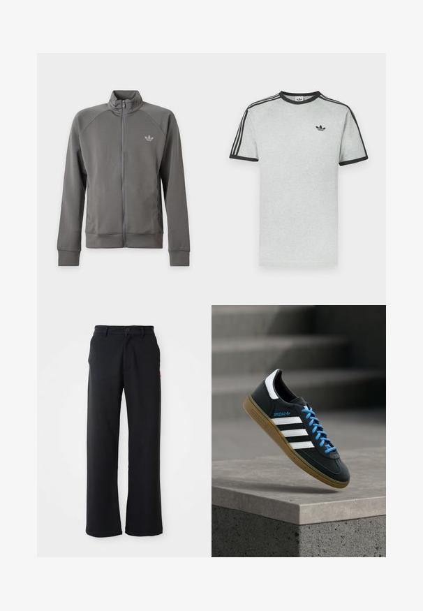 Donkergrijze jas met ritssluiting, hoge kraag en Adidas-logo op de linkerborst, lange mouwen en zijzakken op een witte achtergrond.; Grijs T-shirt met zwarte accenten, voorzien van een ronde hals en korte mouwen. Drie zwarte strepen op de schouders, klein logo op de borst.; Zwarte rechte broek met knoop- en ritssluiting, riemlussen en zijzakken, weergegeven tegen een witte achtergrond.; Zwarte Adidas-sneaker met witte strepen, blauwe veters en een gumzool die boven een grijze betonnen trede zweeft in zacht licht.