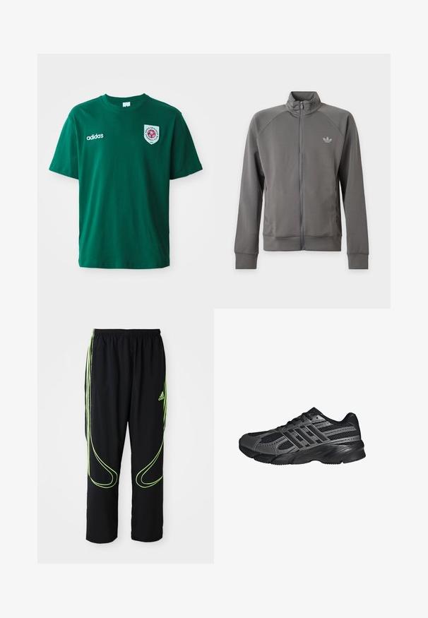 Tmavošedá bunda na zips s vysokým golierom a logom Adidas na ľavej strane hrudníka, s dlhými rukávmi a bočnými vreckami na bielom pozadí.; Zelené bavlnené tričko s okrúhlym výstrihom, krátkymi rukávmi, logom Adidas na ľavej strane a kruhovou nášivkou s červeným dizajnom na pravej strane.; Čierne atletické nohavice Adidas s neonovo zelenými zakrivenými líniami a tromi pruhmi po stranách, elastickým pásom a logom Adidas na prednom stehne.; Čierne športové topánky vyrobené z pletiva a syntetických materiálov, s textúrovaným povrchom, viacerými šedými pruhmi a polstrovaným golierom.
