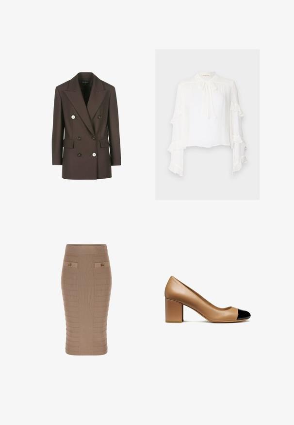 Brauner, doppelt geknöpfter Blazer mit strukturierten Schultern, zwei vorderen Taschen, kontrastierenden weißen Knöpfen und glatter Stofftextur.; Weiße Bluse mit langen, ausgestellten Ärmeln und gerüschten Kanten. Hoher Kragen mit einer Bindeband-Detail und aus leichtem, strukturiertem Material.; Beige gerippter Bleistiftrock mit einer figurbetonten Silhouette, strukturiertem Muster, zwei vorderen Taschen und goldenen Knopfdetails. Aus einem elastischen Stoff gefertigt.; Beige Lederpumps mit runder Spitze und schwarzem Lackkappen, ausgestattet mit einem Blockabsatz und glatter Textur.