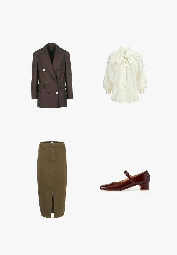 Blazer marron croisé avec des épaules structurées, deux poches avant, boutons blancs contrastants et texture de tissu lisse.; Blouse blanche en tissu lisse avec des manches ballon, un col à nœud papillon et de petits points décoratifs partout. Fermeture à boutons sur le devant.; Jupe en jean vert olive, de longueur genoux avec une fente avant, des passants de ceinture et deux poches avant, mettant en avant des accents de couture subtils.; Chaussure Mary Jane en cuir verni bourgogne profond, avec un bout arrondi, un petit talon carré et une sangle ajustable sur le cou-de-pied.