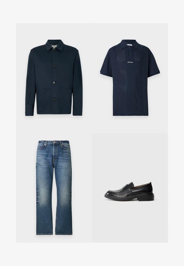 Veste boutonnée bleu marine foncé à manches longues, avec un col et trois grands boutons à l'avant, comprenant deux poches basses à l'avant.; Polo bleu marine en tissu texturé. Comprend des manches courtes, un col classique et une patte de devant avec deux boutons. Logo "Samsøe" affiché.; Jeans en denim bleu clair avec une coupe droite, présentant des zones délavées, cinq poches et une fermeture classique par bouton à la taille.; Chaussure habillée noire en cuir, à enfiler, avec un petit talon et un logo Calvin Klein discret sur le côté, présentée de profil sur un fond blanc.