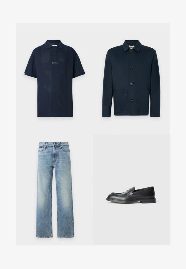 Veste boutonnée bleu marine foncé à manches longues, avec un col et trois grands boutons à l'avant, comprenant deux poches basses à l'avant.; Polo bleu marine en tissu texturé. Comprend des manches courtes, un col classique et une patte de devant avec deux boutons. Logo "Samsøe" affiché.; Jean droit en denim bleu clair avec taille haute, cinq poches, fermeture à boutons et léger délavage sur les cuisses et les genoux.; Mocassins en cuir noir avec une finition texturée, dotés d'une bride décorative à l'avant et d'un bout arrondi. Semelle en caoutchouc pour plus de durabilité.