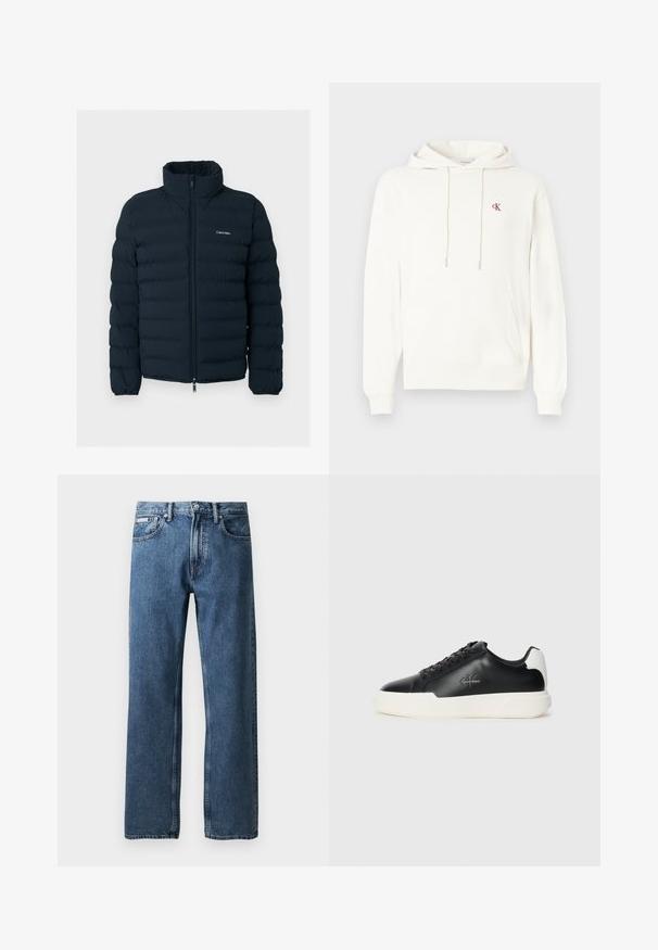 Čierna prešívaná bunda so stojacím golierom a predným zipsom, s malým bielym logom Calvin Klein na hrudi.; Biela mikina s kapucňou z bavlnenej zmesi, s klokanie kapsou, kapucňou so sťahovacou šnúrkou a malým červeným logom CK na hrudi.; Modré džíny s rovnými nohavicami a vysokým pásom, so zapínaním na gombík a zips, prednými vreckami a malou bielou značkovou nálepkou na pravom vrecku.; Čierne kožené tenisky s bielou gumovou podrážkou. Vybavené okrúlym špičkou, dizajnom na šnurovanie a detailom loga na boku. Zadný akcent v bielej farbe.