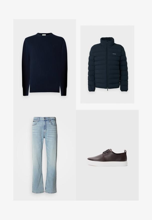 Čierna prešívaná bunda so stojacím golierom a predným zipsom, s malým bielym logom Calvin Klein na hrudi.; Mladý muž s kučeravými vlasmi, oblečený v tmavom svetri s dlhým rukávom a tmavé nohavice, stojí na jednofarebnom sivom pozadí.; Svetlo modré džínsy so strihom rovného nohavice, obsahujúce päť vreciek, zapínanie na gombík a jemné vyblednutie na látke.; Hnedé kožené tenisky s hladkým povrchom, bielou gumovou podrážkou, zaoblenou špičkou a šnurovaním. Obsahujú aj pútko na päte.
