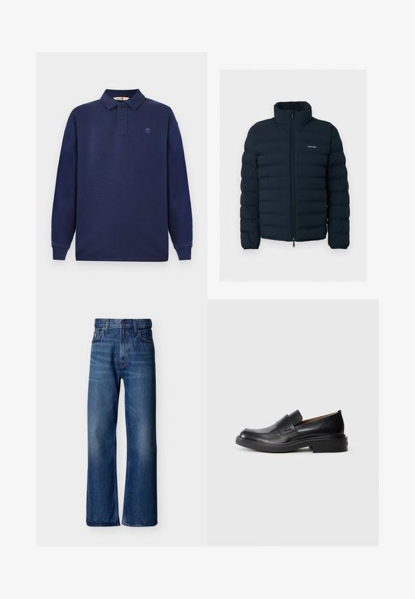 Musta toppatakki pystokauluksella ja vetoketjulla edessä, jossa on pieni valkoinen Calvin Klein -logo rinnassa.; Tummansininen pitkähihainen polo-paita, joka on valmistettu puuvillasta. Paidassa on kolmen napin listat sekä pieni logo vasemmassa rinnassa. Pinta on sileä.; Siniset farkut, joissa on korkea vyötärö, leveälahkeinen malli, viiden taskun tyyli ja hienovarainen haalistuma. Calvin Kleinin logo vyötärönauhassa.; Musta nahkainen slip-on-mallinen juhlakenkä, jossa on matala kanta ja hienovarainen Calvin Klein -logo sivussa, esitetty profiloituna valkoista taustaa vasten.