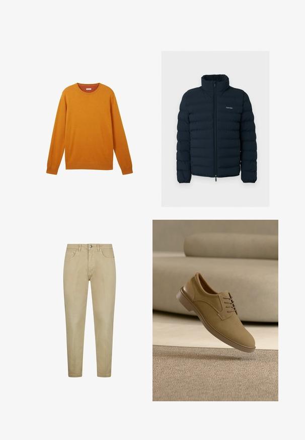 Schwarze gesteppte Jacke mit Stehkragen und Frontreißverschluss, mit einem kleinen weißen Calvin Klein Logo auf der Brust.; Oranger Pullover mit langen Ärmeln, Rundhalsausschnitt, gerippten Bündchen und Saum, weicher Textur und einem kleinen Logo auf der Brust. Leichtes Strickgewebe.; Beige Hosen aus einem Baumwollmischgewebe. Sie verfügen über eine normale Taille, Fronttaschen und einen Reißverschluss mit einem Metallknopfverschluss.; Beiger lässiger Schnürschuh schwebt über einem strukturierten Teppich mit einem beigen, geschwungenen Sofa im Hintergrund.