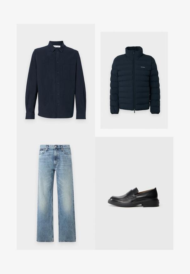 Sort polstret jakke med stående krave og lynlås foran, med et lille hvidt Calvin Klein-logo på brystet.; Mørkeblå langærmet skjorte lavet af blødt stof, med knaplukning foran, spidse kraver og en enkelt brystlomme.; Lyseblå denim jeans med lige ben, højt talje, fem lommer, knaplukning og diskrete falmede områder på lår og knæ.; Sorte læder slip-on dress sko med lav hæl og subtil Calvin Klein logo på siden, vist i profil på en hvid baggrund.
