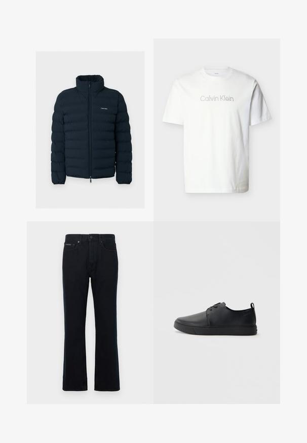 Sort polstret jakke med stående krave og lynlås foran, med et lille hvidt Calvin Klein-logo på brystet.; Hvid kortærmet t-shirt lavet af bomuld med et gråt "Calvin Klein"-logo på tværs af brystet i en minimalistisk skrifttype.; Sorte denimjeans med lige ben, knaplukning og to forlommer. Stoffet har en glat tekstur med minimal detaljer.; Sorte lædersneakers med en glat finish, rund tå, tonalt syning, snøring foran og en flad gummisål. Løkke ved hælen.