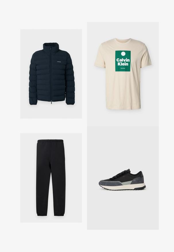 Chaqueta acolchada negra con cuello alzado y cremallera frontal, con un pequeño logo blanco de Calvin Klein en el pecho.; Camiseta beige de manga corta con logo rectangular verde que presenta un círculo blanco y el texto "Calvin Klein" en letras blancas negritas.; Pantalones negros con cintura elástica, puños elásticos, piernas rectas y sin bolsillos visibles, mostrados sobre un fondo liso y claro.; Zapatillas con cordones que presentan una mezcla de tela negra, acentos de ante gris y una gruesa suela intermedia blanca con banda de goma negra.