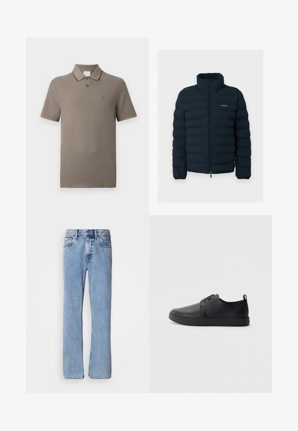 Schwarze gesteppte Jacke mit Stehkragen und Frontreißverschluss, mit einem kleinen weißen Calvin Klein Logo auf der Brust.; Taupe Kurzarm-Poloshirt mit schwarzem Kragen, zwei-knöpfiger Knopfleiste und kleinem gesticktem "cK"-Logo auf der linken Brust.; Hellblaue Jeans aus Denim mit geradem Bein, fünf Taschen und Knopfverschluss. Nähte in der Nähe der Taschen und des Bundes.; Schwarze Leder-Sneaker mit glatter Oberfläche, abgerundeter Zehenpartie, gleichfarbiger Nähte, schnürbarem Vorderteil und flacher Gummisohle. Schlaufe an der Ferse.