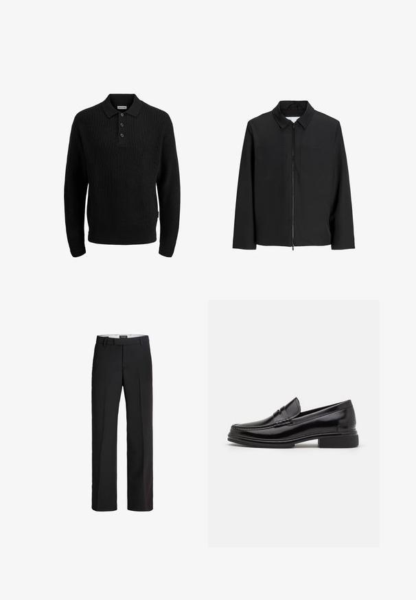 Veste noire zippée avec col, deux poches poitrine, manches longues et texture lisse et mate. Aucun motif ou embellissement supplémentaire.; Pull en maille noir avec un col polo, patte de boutonnage à trois boutons, poignets et ourlet côtelés. Tissu texturé avec une coupe ample.; Pantalon noir avec une coupe ajustée ; présente un devant lisse, deux poches latérales et une texture douce ; fabriqué à partir d'un matériau léger et respirant.; Mocassins en cuir noir avec un embout arrondi, présentant un détail cousu sur le dessus, et un petit talon carré. Texture lisse et finition brillante.