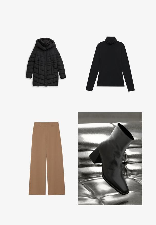 Sort pufferjakke med hætte, præget af et quiltet design, lange ærmer og lodrette syninger; glat overflade med lynlåslukning foran.; Sort turtleneck med lange ærmer. Blødt stof, tætsiddende design, høj krave og sidesøm. Simpel og alsidig stil, der er velegnet til lag-på-lag.; Vide benbukser i en ensfarvet brun farve, lavet af et tekstureret stof; har høj talje og struktureret design med bæltestropper.; Sorte ankelstøvler lavet af glossy materiale med firkantet tå og spidse hæle, sat mod en skinnende sølv tuftet baggrund.