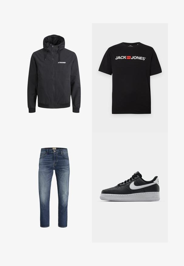 Zwarte capuchonjack met een rits aan de voorkant, geribde manchetten en zoom, met een logo op de borst. Gemaakt van een soepele, lichte stof.; Zwart katoenen T-shirt met ronde hals, voorzien van de witte tekst "JACK & JONES" in een vet lettertype en een rode accentdoos. Korte mouwen.; Donkerblauwe denim jeans met een rechte snit, vervaagde voorkant, vijf-pocket ontwerp en contrasterende stiksels. De zomen zijn iets opgerold.; Zwarte lederen sneaker met een textuur oppervlak, witte Nike swoosh, grijze zool, ronde neus en vetersluiting. Bevat perforaties op de neus.