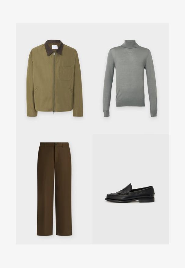 Veste zippée vert olive avec col marron foncé, poche poitrine à gauche et deux poches latérales, présentée sur fond blanc.; Pull à col roulé gris clair, fabriqué à partir d'un tissu tricot lisse. Doté de manches longues et d'un design ajusté avec un col et un ourlet côtelés.; Pantalon marron droit avec passants de ceinture, fermeture avant par bouton et zip, présenté sur un fond clair uni.; Mocassin en cuir noir avec un détail tissé à l'avant, bout arrondi et petit talon. Texture lisse et design minimaliste.