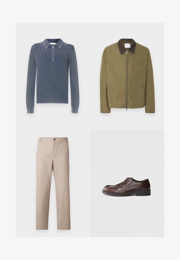 Veste zippée vert olive avec col marron foncé, poche poitrine à gauche et deux poches latérales, présentée sur fond blanc.; Pull-over en maille côtelée bleu marine foncé avec un col à revers et une fermeture éclair à mi-longueur. Manches longues et poignets ajustés caractérisent ce modèle.; Pantalon en coton beige à coupe droite, avec fermeture à glissière et bouton. Texture lisse avec poches avant et design minimaliste.; Chaussure habillée en cuir marron avec un bout arrondi, des accents de couture minimum, et une semelle noire robuste. Présente un système de laçage et une texture lisse.
