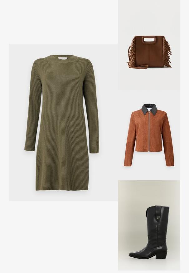 Chaqueta corta de ante marrón con un cuello de punto de cuero negro, cremallera frontal y mangas largas. Textura suave con detalles de diseño mínimos.; CLOSED CREW NECK DRESS LONG SLEEVE - Vestido de punto - forest green; Bota cowboy alta de cuero negro con punta puntiaguda, tacón grueso y lengüeta con un pequeño logo dorado.; Bolso de mano marrón de cuero con asas rectangulares recortadas, correa larga y detalles de flecos en ambos lados sobre un fondo sencillo.