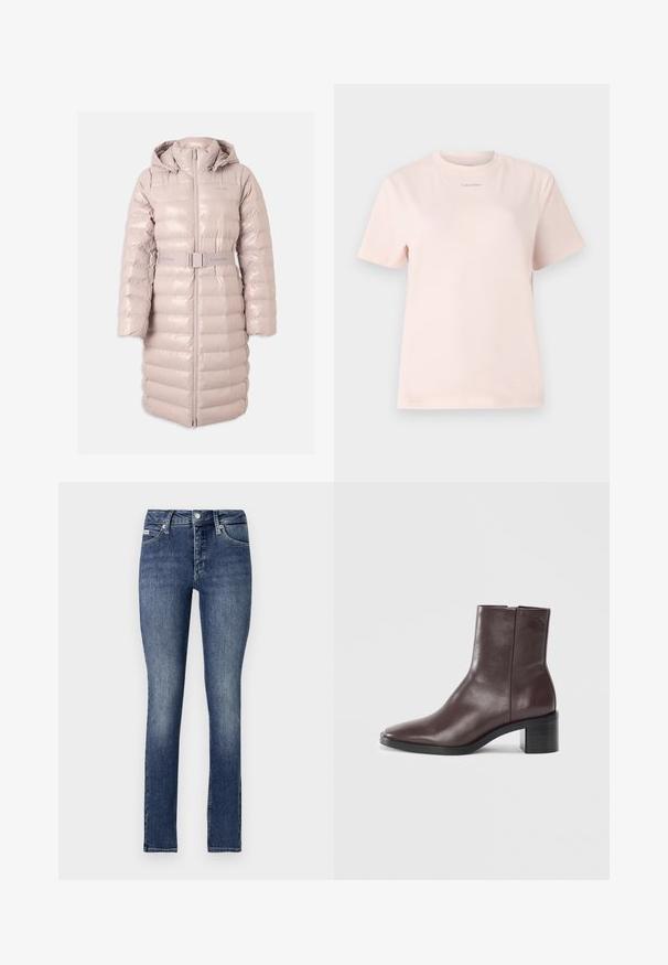 Vaaleanpunainen pitkä toppatakki, jossa on huppu, edessä vetskari ja yhteensopiva Calvin Klein -brändätty vyö vyötäröllä.; Vaaleanpunainen puuvillainen t-paita, jossa on pyöreä pääntie, lyhyet hihat ja pieni "Calvin Klein" -logo, joka on painettu samaan väriin rinnukseen.; Kapeat farkut tummassa pesussa, joissa on keskikorkea vyötärö, viisi taskua, näkyvät tikkaus ja napitus vyötäröllä.; Tummanruskea nahkainen nilkkuri, jossa on neliön muotoinen kärki, paksu korko ja hienovaraisesti kohokuvioitu logo ylhäällä, valkoista taustaa vasten.