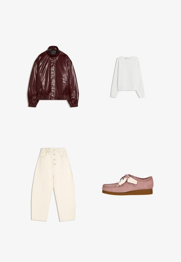 Bordeauxkleurig kunstleren jack met opstaande kraag, rits aan de voorkant bedekt door een klep, elastische manchetten en zoom, met label "Bershka".; Witte gebreide trui met lange mouwen, ronde hals, geribde boorden en zoom. Zachte textuur, losse pasvorm, geen zichtbare patronen of accenten.; Crèmewitte, wijde broek met hoge taille, voorzien van een knoopsluiting aan de voorkant en zakken aan de zijkant en achterkant, afgebeeld op een witte achtergrond.; Lichtroze suède schoen met een ronde neus, vetersluiting en een crèmekleurig accentlabel. Voorzien van een tan rubberen zool voor extra grip.