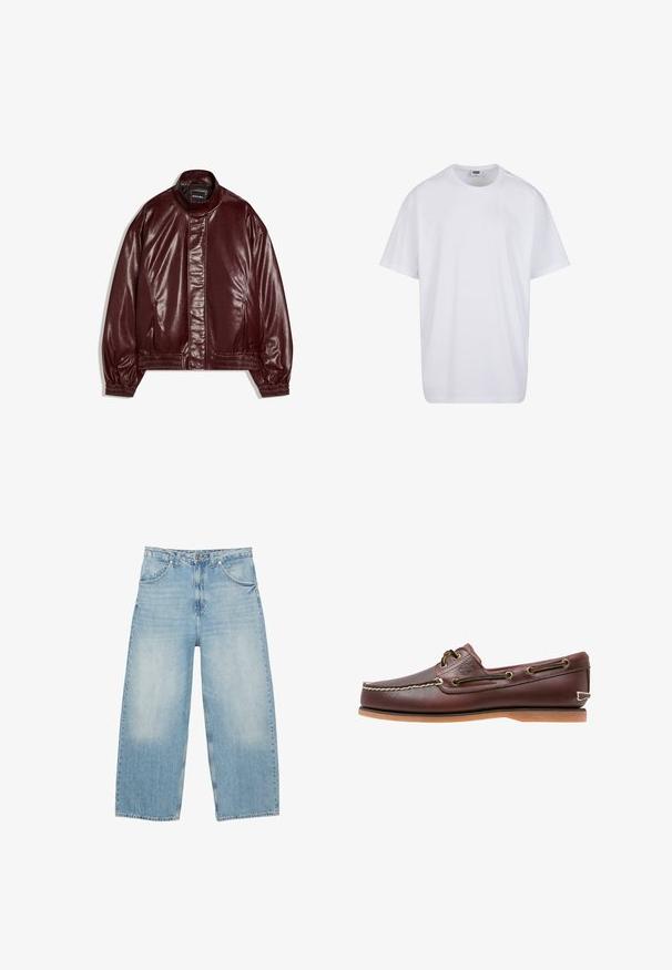Veste en similicuir bordeaux avec col montant, fermeture éclair à l'avant couverte par un rabat, poignets et ourlet élastiques, étiquetée "Bershka".; T-shirt blanc uni en coton à manches courtes avec col rond et étiquette de taille et de marque visible à l'intérieur du col.; Jean en denim bleu clair à jambes larges avec poches avant, passants pour ceinture, et fermeture par bouton et zip, présenté à plat sur un fond blanc.; Chaussure bateau en cuir marron avec coutures blanches, détails de lacets et semelle en caoutchouc beige, vue de côté sur fond blanc.