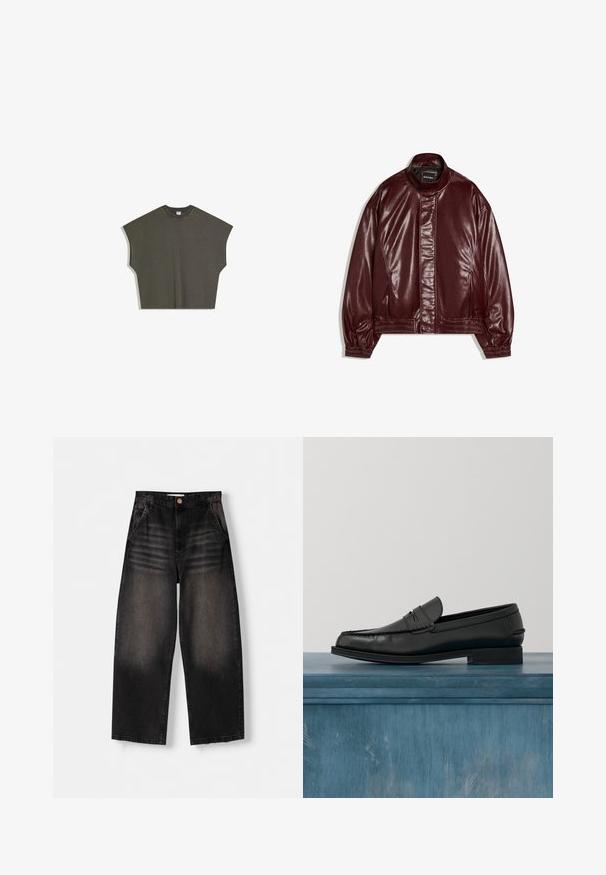 Veste en similicuir bordeaux avec col montant, fermeture éclair à l'avant couverte par un rabat, poignets et ourlet élastiques, étiquetée "Bershka".; Haut sans manches surdimensionné de couleur vert olive avec un col rond et de larges ouvertures aux bras, posé à plat sur un fond blanc.; Jeans en denim noir à jambe large avec un design délavé, dotés de cinq poches, d'une fermeture à bouton et de détails de whiskering subtils sur le devant.; Mocassins noirs en cuir avec un design élégant, comportant un bout cousu et une finition lisse. La chaussure possède un talon bas et un minimum de détails.