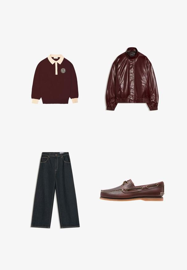 Bordeauxkleurig kunstleren jack met opstaande kraag, rits aan de voorkant bedekt door een klep, elastische manchetten en zoom, met label "Bershka".; Bordeaux lange mouwen polo shirt met een crèmekleurige kraag en manchet, knoopsluiting en een cirkelvormig "Prohibited Berlin" logo op de linkerkant van de borst.; Donkerblauwe jeans met wijde pijpen, voorzien van een knoopsluiting aan de voorkant, ritssluiting en een ontwerp met vijf zakken, met zichtbare gele stiksels.; Bruine leren bootschoen met witte stiksels, veterdetails en beige rubberen zool, zijaanzicht op een witte achtergrond.