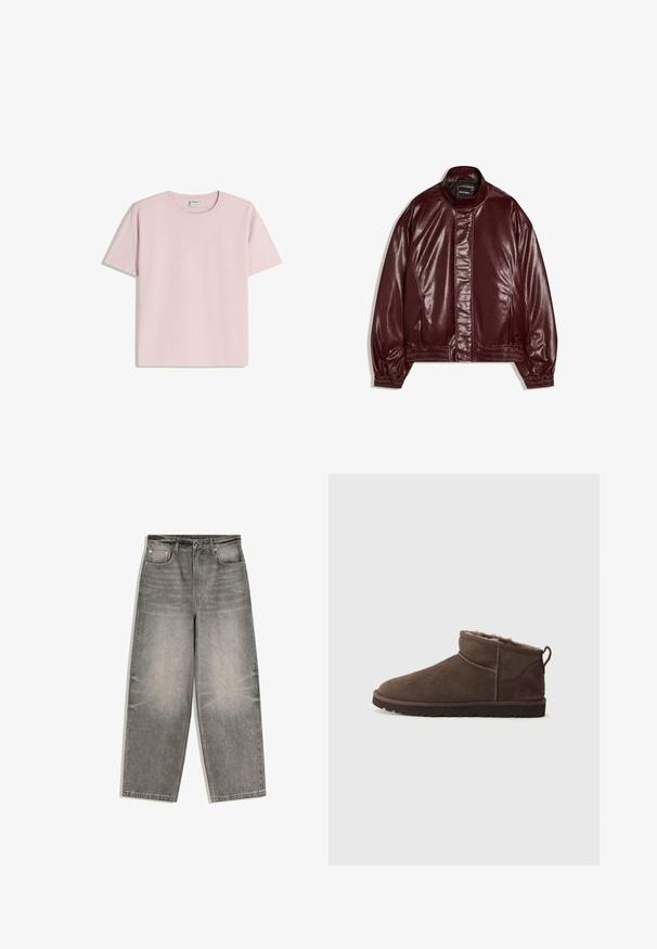 Veste en similicuir bordeaux avec col montant, fermeture éclair à l'avant couverte par un rabat, poignets et ourlet élastiques, étiquetée "Bershka".; T-shirt en coton rose à manches courtes et col rond. Texture lisse, coupe décontractée, sans motifs ni accents visibles.; Jean denim gris à jambes larges avec bouton frontal, fermeture éclair, passants pour ceinture et design cinq poches, étalé à plat sur un fond blanc.; Botte de cheville en daim marron avec doublure intérieure en peluche, semelle plate et tirette au talon, montrée en profil latéral sur un fond uni.