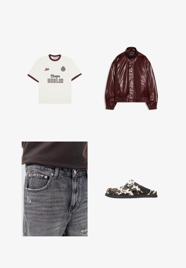 Bordeauxfarbene Kunstlederjacke mit Stehkragen, vorderem Reißverschluss unter einer Klappe, elastischen Bündchen und Saum, mit "Bershka"-Etikett.; Weißes T-Shirt mit kurzen Ärmeln und burgunderfarbenen Akzenten, mit dem Text "Escape BERLIN" in der Mitte auf der Vorderseite, "Mitte" auf der linken Brust und einem runden Emblem mit zwei Sternen auf der rechten Brust.; Nahaufnahme von ausgewaschenen schwarzen Jeans aus Denim mit kleinen Abnutzungen nahe der vorderen Tasche, getragen mit einem in die Hose gesteckten braunen Hemd und braunem Gürtel.; Slip-On Clog mit schwarz-weißem Kuhfellmuster, verstellbarem Riemen und schwarzer Gummisohle.