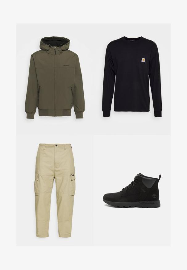 Olivgrüne Kapuzenjacke mit Reißverschluss, elastischen Bündchen und zwei seitlichen Taschen. Verfügt über ein schwarzes Innenfutter und ein Logo auf der Brust.; Schwarzes Langarmshirt aus Baumwolle. Verfügt über eine Brusttasche mit einem quadratischen grauen Etikett und orangefarbigem Logo. Einfaches, einfarbiges Design.; Beige Cargo-Hosen aus strapazierfähigem Material, mit zwei Seitentaschen, einem Knopfverschluss und schmal zulaufenden Beinen mit glatter Textur.; Schwarze High-Top-Stiefel aus Wildleder und synthetischen Materialien, mit einer strukturierten Oberfläche, Schnürdesign und Gummisohle mit Grip.