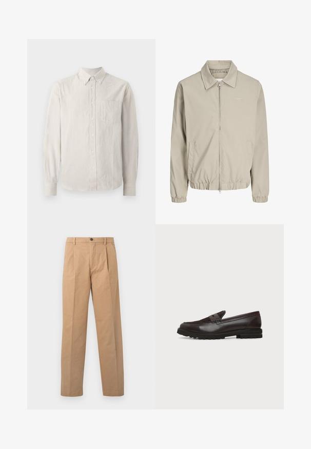 Beige herrejakke med lynlås, krave, elastiske manchetter og kant, sidelommer og diskret broderet "Originals"-logo på brystet.; Button-up skjorte i lys beige med tynde lodrette striber, lange ærmer, krave og en enkelt brystlomme. Blødt stof med en glat tekstur.; Khaki bukser med lige ben-design, lavet af bomuldsstof; har en enkelt knaplukning og to frontfolder.; Mørkebrun læder- og ruskindspenny loafer med kraftig sort gummisål, sideprofil på hvid baggrund.