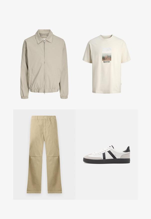 Chaqueta beige para hombre con cremallera, cuello, puños y dobladillo elásticos, bolsillos laterales y sutil logo bordado "Originals" en el pecho.; Camiseta color crema con un gráfico de un muelle de madera con vistas a agua tranquila y el texto "Originals Studio" debajo de la imagen.; Pantalones rectos beige con cierre de botón a presión, lazos para cinturón y detalles en la costura de la rodilla, dispuestos sobre un fondo blanco.; Zapatilla blanca con acentos en negro y gris, que presenta una puntera texturizada en gris, suela de goma negra y cordones planos blancos. Diseño limpio, estilo minimalista.