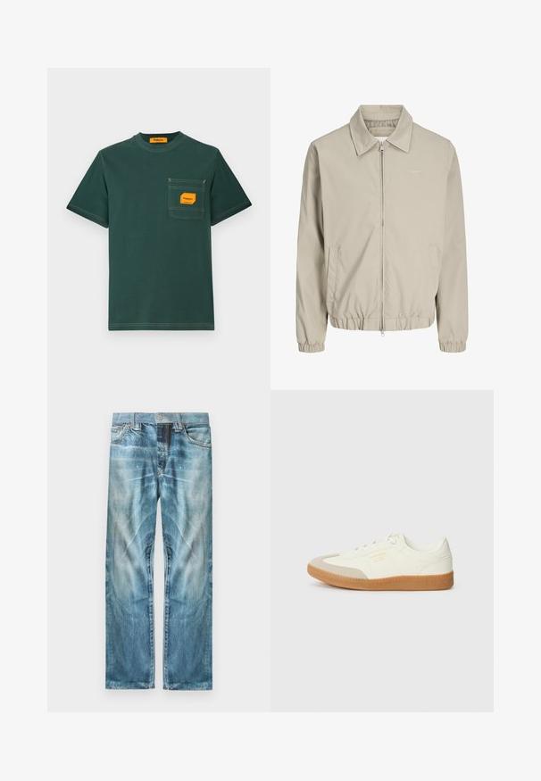 Beige herenjack met rits en kraag, elastische manchetten en zoom, zijzakken en een subtiel geborduurd "Originals"-logo op de borst.; Groene katoenen T-shirt met ronde hals, korte mouwen en een borstzak met een oranje label. Contrasterend stiksel is zichtbaar.; Lichtblauwe verouderde spijkerbroek met rechte pijpen, voorzakken, riemlussen en een knoopsluiting.; Schoen gemaakt van wit leer met een beige teenkap en een lichtbruine rubberen zool. Voorzien van platte witte veters en reliëfbranding aan de zijkant.