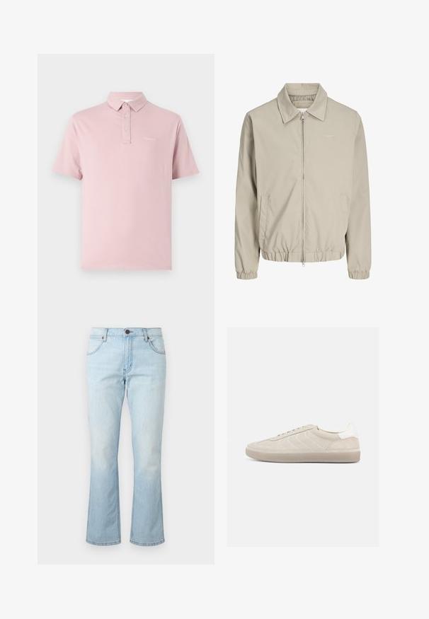 Beige herrejakke med lynlås, krave, elastiske manchetter og kant, sidelommer og diskret broderet "Originals"-logo på brystet.; Polo skjorte i blød pink bomuld, har krave, to knaplukninger og et lille logo på venstre bryst. Korte ærmer, standard pasform.; Lyseblå denimjeans med mellemhøj talje, knap- og lynlåslukning, forlommer og let udvidede ben.; Beige ruskindssneaker med en tekstureret overdel, glat hvid hælkappe, tynde snørebånd og en gummi-ydersål. Har et lavt profil design.