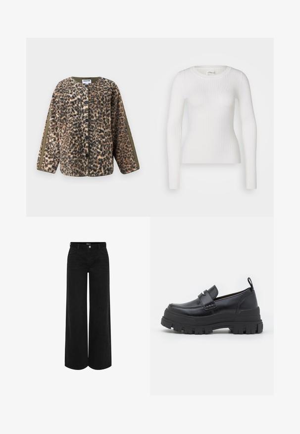 Chaqueta de forro polar para mujer con botones en estampado de leopardo marrón, negro y beige, y paneles en verde oliva a lo largo de las mangas y el collar interior.; Top blanco de manga larga con costuras acanaladas y escote redondo. La tela es suave, con una textura sutil y un diseño ajustado. Sin hardware ni patrones visibles.; Pantalones de mezclilla negros de pierna ancha con cintura alta, que cuentan con un cierre frontal con botón, dos bolsillos laterales y un diseño clásico de cinco bolsillos.; Mocasín de cuero negro con suela gruesa y acanalada, costuras en la puntera estilo mocasín, detalle de correa en la parte superior y tira para tirar en el talón, mostrado de perfil lateral.