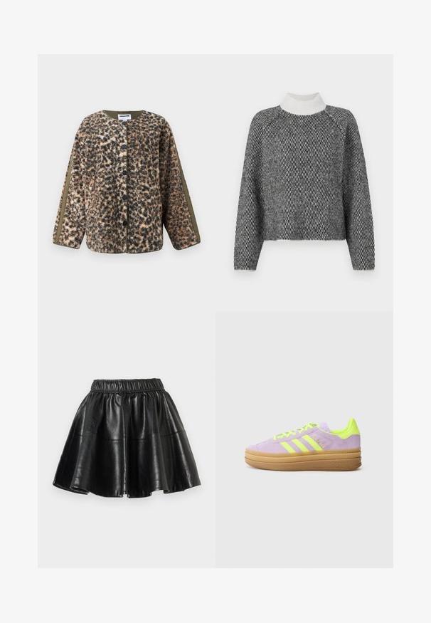 Veste en polaire pour femmes à boutons, avec un imprimé léopard marron, noir et beige, et des panneaux vert olive le long des manches et du col intérieur.; Vero Moda VMFELIZE HIGH NECK PULLOVER - Pullover - birch/black; Jupe évasée en faux cuir noir avec une taille élastique et des coutures visibles sur un fond blanc uni.; Baskets à lacets en daim violet clair avec des accents jaune vif et trois bandes. Semelle épaisse en caoutchouc naturel. Design minimaliste sans motifs.