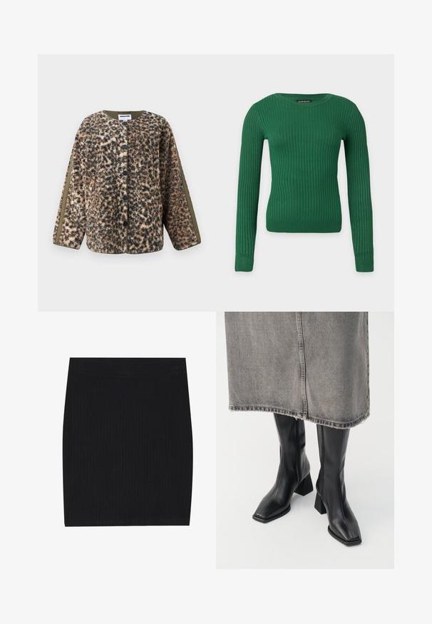 Knap-up kvinders fleecejakke med brun, sort og tan leopardprint samt olivengrønne paneler langs ærmerne og indersiden af kraven.; Grøn ribstrikket langærmet sweater med rund hals, tætsiddende pasform og label ved halsudskæringen på en ensartet lys baggrund.; Sort ribbet strikket mini nederdel med et tætsiddende design, glat tekstur og en elastisk talje for komfort.; Sorte knæhøje støvler i glat læder med firkantet tå og blokeret hæl. Båret med en grå denimnederdel med flosset kant.