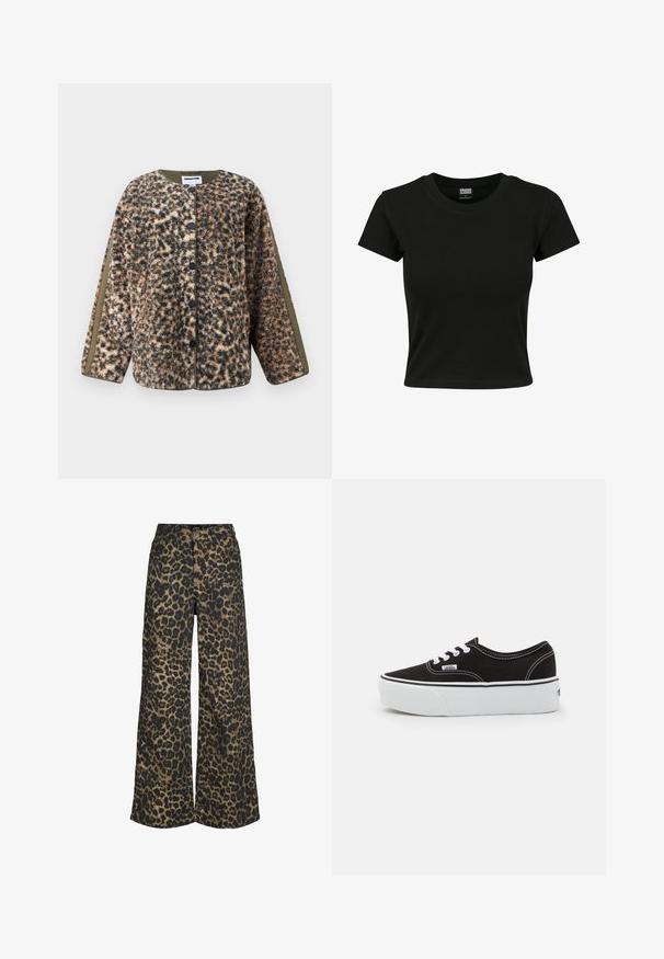 Chaqueta de forro polar para mujer con botones en estampado de leopardo marrón, negro y beige, y paneles en verde oliva a lo largo de las mangas y el collar interior.; Camiseta negra de manga corta fabricada en algodón suave, con un cuello redondo y un corte ajustado. Sin patrones ni acentos visibles.; Pantalones de pierna ancha con un estampado integral de leopardo marrón y negro y cierre frontal con botones y cremallera.; Zapatilla de lona negra con suela de plataforma de goma blanca, que presenta cordones y costuras blancas, con branding icónico en el lateral, diseño de corte bajo.