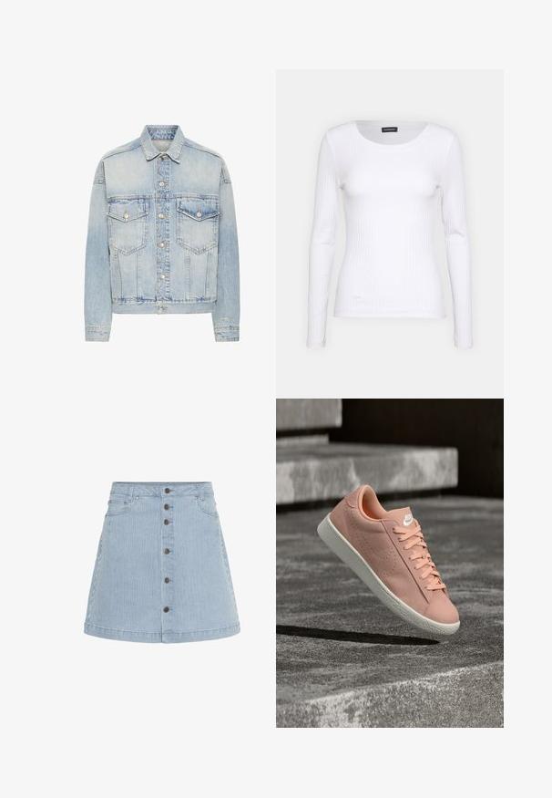 Chaqueta vaquera azul claro con botones delanteros, dos bolsillos con solapa en el pecho, mangas largas y cuello clásico.; Top de manga larga blanco con cuello redondo. Fabricado en una tela elástica que se ajusta al cuerpo. Presenta sutiles líneas horizontales.; Falda de mezclilla de color azul claro con rayas blancas. Presenta un cierre de botones en la parte delantera, dos bolsillos laterales y un dobladillo acampanado.; Zapatilla Nike de ante rosa con suela blanca y logo blanco, con cordones, suspendida en el aire sobre escalones de cemento gris.