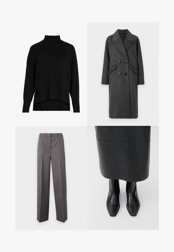 Vero Moda VMHARPER LONG COAT - Klasický kabát - dark grey; Čierny pletený rolák so voľným strihom, spadnutými ramenami, rebrovanými manžetami a dizajnom s vysokým a nízkym lemom. Mäkká textúra, minimálne detaily.; Sivé nohavice z prispôsobeného strihu vyrobené z textúrovaného materiálu, s rovnými nohavicami, plochým predným dielom a pútkami na opasok.; Čierne kožené vysoké členkové topánky so štvorcovým špičkou a bočným zipsom. Hladká textúra a minimalizované prvky; kombinované s čiernou koženou sukňou.