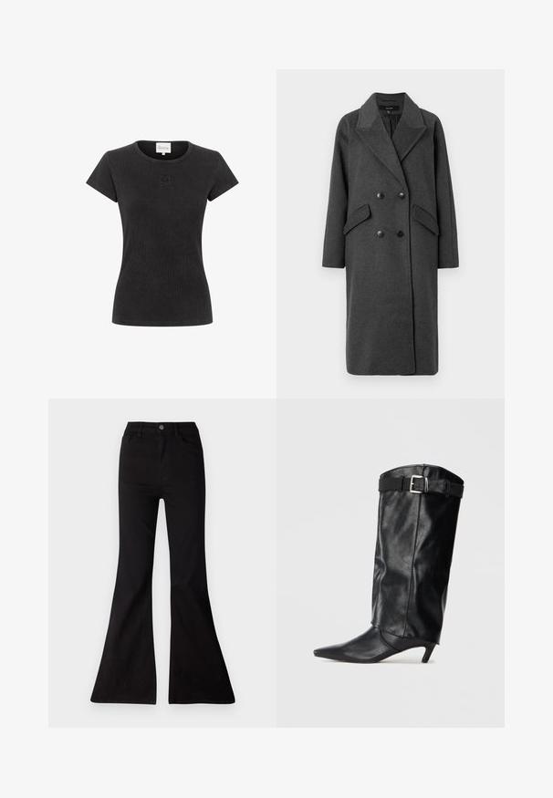 Vero Moda VMHARPER LONG COAT - Klassinen takki - dark grey; Musta lyhythihainen ribbineulottu vartalonmyötäinen t-paita pyöreällä pääntiellä ja pienellä koholla olevalla logolla rinnan keskellä.; Mustat leveälahkeiset farkut, jotka on valmistettu denimestä, ja joissa on korkea vyötärö, etutaskut sekä suuri aukko lahkeiden helmassa leveän siluetin aikaansaamiseksi.; Mustat, nahkaiset polven yli -saapikkaat, joissa on terävä kärki ja pieni korko. Ylhäällä vyö hopeisella soljella. Tasainen pinta.