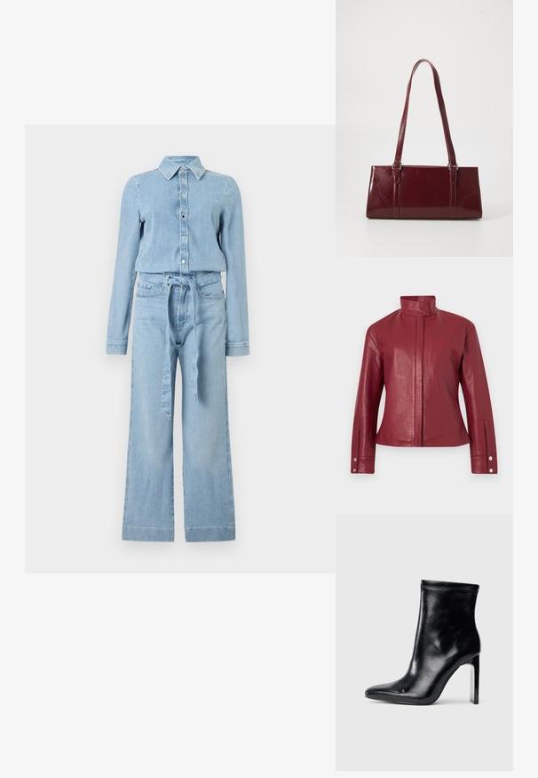 Veste en cuir rouge avec col haut, fermeture avant dissimulée, manches longues et poignets à boutons-pression.; Combinaison en denim bleu clair à manches longues, fermeture boutonnée sur le devant, col pointu, jambes larges, et ceinture en tissu assorti nouée à la taille.; Bottine en cuir noir avec un bout pointu et un talon transparent haut. Texture lisse et finition minimaliste sur le dessus.; Sac à main bordeaux en matériau brillant, de forme rectangulaire, avec deux anses et des accents légèrement courbés à l'avant.