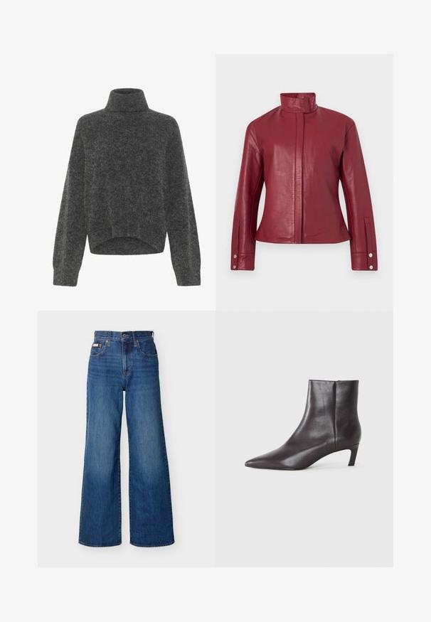Rød læderjakke med høj krave, skjult lukning foran, lange ærmer og trykknapmanchetter.; Mørkegrå, fuzzy turtleneck sweater med afslappet pasform og dropped shoulders. Blød tekstur og cropped kantdetalje. Ingen synlige lukninger.; Blå vidbenede denimjeans med højtaljede, forknapper, lynlås og fem-lomme-design mod en ensfarvet baggrund.; Sort læder ankelstøvle med spids tå og lav kittenhæl, glat finish, lynlås i siden, vist på en neutral baggrund.