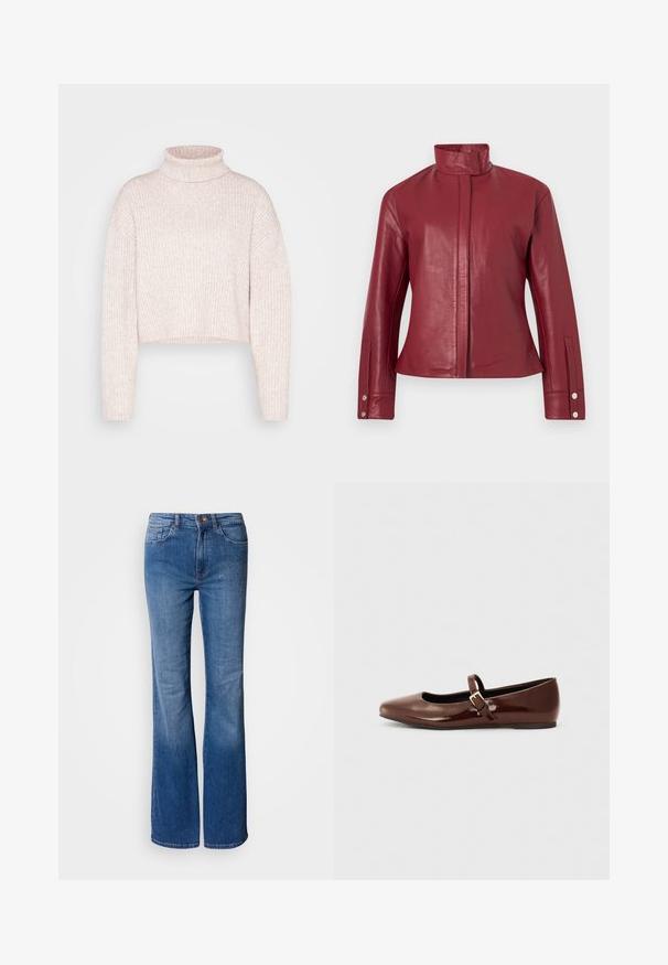 Chaqueta de cuero roja con cuello alto, cierre frontal oculto, mangas largas y puños con botones a presión.; Suéter de cuello alto de canalé en rosa claro, de longitud corta, con mangas largas y una textura suave. Diseño minimalista sin ninguna herrajes visibles.; Vaqueros acampanados azul claro hechos de denim. Presentan una cintura alta, bolsillos delanteros y sutiles adornos a lo largo de la cadera. Textura suave.; Bailarina de charol marrón con punta cuadrada y tira que presenta una pequeña hebilla dorada. Textura suave, tacón bajo y diseño minimalista.