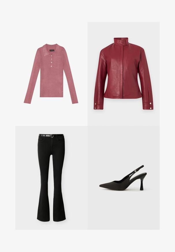 Veste en cuir rouge avec col haut, fermeture avant dissimulée, manches longues et poignets à boutons-pression.; Polo à manches longues côtelé en rose poussiéreux avec un col, une patte de boutonnage à cinq boutons et une texture douce. Design simple sans motifs supplémentaires.; Jean noir taille haute évasé avec cinq poches et une ceinture noire dotée d'une boucle ronde argentée.; Chaussures à talons noires avec une bride, à bout pointu, finition mate lisse et talon fin brillant. Sangle ajustable avec petit détail de boucle.