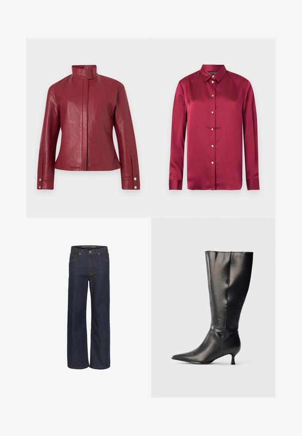 Rode leren jas met hoge kraag, verborgen voorsluiting aan de voorkant, lange mouwen en manchetten met drukknopen.; Bordeauxkleurige satijnen blouse met lange mouwen, puntkraag en goudkleurige decoratieve knopen aan de voorkant.; Donkerdenim wijde pijpen jeans met een hoge taille, voorzien van vijf zakken, contrasterende stiksels en een ruwe zoom aan de onderkant.; Zwarte leren kniehoge laars met puntige neus en lage kittenhak, weergegeven op een effen lichte achtergrond.