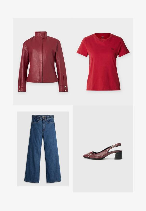 Rød læderjakke med høj krave, skjult lukning foran, lange ærmer og trykknapmanchetter.; Rød Levi's T-shirt med korte ærmer og rund hals, med lille logopatch på venstre bryst, vist mod en ensartet lys baggrund.; Bredde ben blå denim jeans med høj talje, der har et klassisk fem-lomme design og en tekstureret taljebånd.; Bordeauxfarvet læderslippersko med rund tå, buet design, sølvhardwaredetaljer og blokhæl. Tekstureret finish.