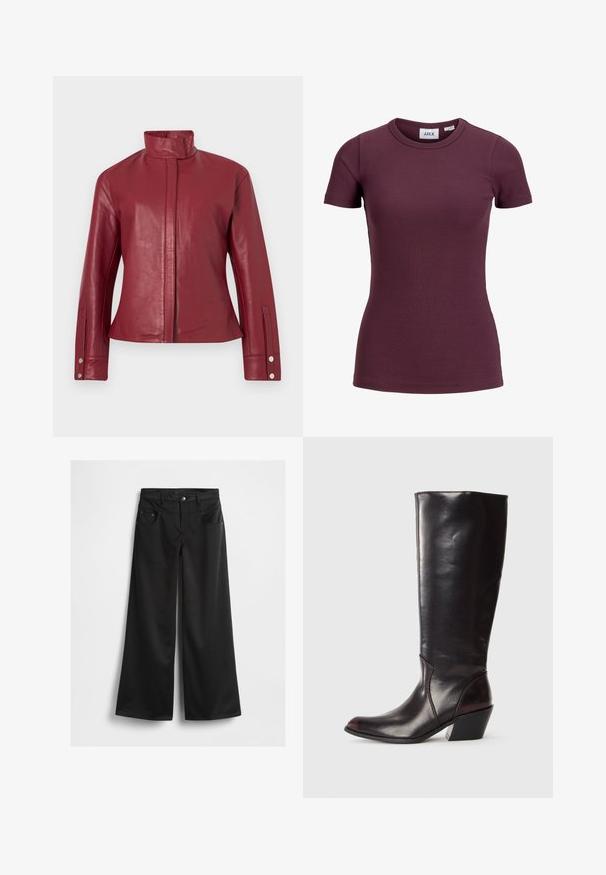 Veste en cuir rouge avec col haut, fermeture avant dissimulée, manches longues et poignets à boutons-pression.; T-shirt côtelé ajusté à manches courtes couleur prune foncée avec col rond et étiquette avant indiquant la marque JJXX et la taille 5.; Pantalon noir à jambes larges en tissu léger et lisse. Il présente une fermeture à bouton, quatre poches et un design net et ajusté.; Botte en cuir brun foncé, à hauteur de genou, avec un bout pointu, un talon bloc angulaire et une texture lisse et brillante. Présente un design épuré et des détails de couture.