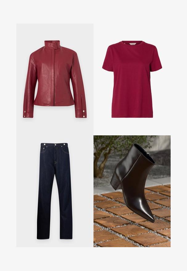 Rote Lederjacke mit hohem Kragen, verdecktem Frontverschluss, langen Ärmeln und Druckknopfmanschetten.; Schlichtes Kurzarm-T-Shirt mit Rundhalsausschnitt in einfarbigem Dunkelrot, dargestellt vor weißem Hintergrund.; Dunkelblaue Jeans mit geradem Beinverlauf, Vordertaschen, Knopfverschluss und sichtbaren Kontrastnähten auf hellem, einfarbigem Hintergrund.; Schwarze Leder-Stiefelette mit spitzem Schuhkopf, Blockabsatz und glatter Textur, positioniert über einer Holz- und Kiesoberfläche.