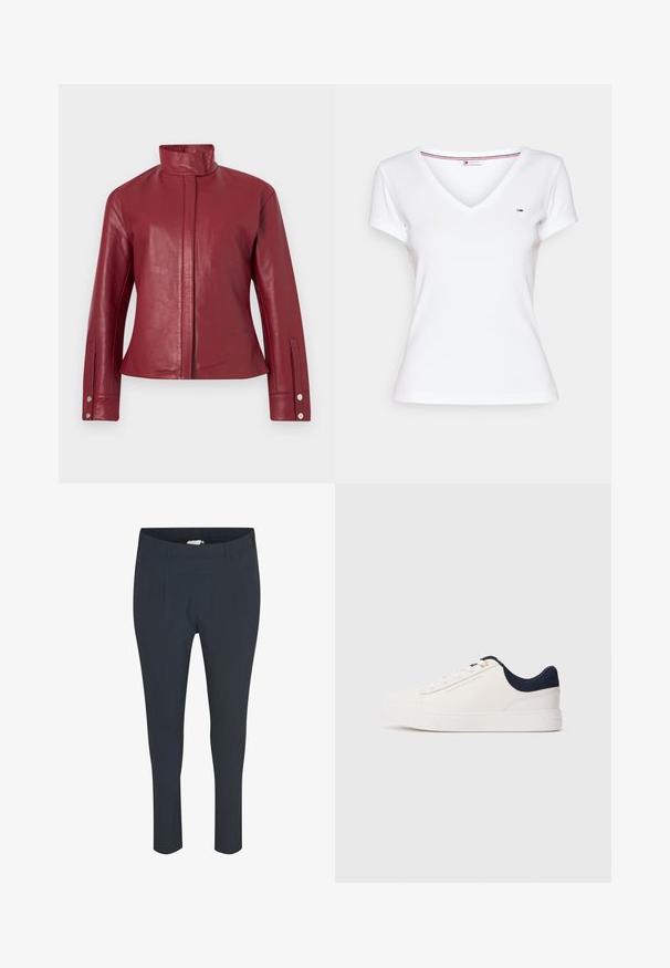 Chaqueta de cuero roja con cuello alto, cierre frontal oculto, mangas largas y puños con botones a presión.; Camiseta blanca de algodón con escote en V, mangas cortas y un diseño ajustado. Cuenta con un pequeño logo bordado en la parte superior izquierda.; Pantalones de color azul marino, ajustados, con una textura suave, que presentan pliegues en la parte delantera y una cinturilla elástica para mayor comodidad.; Zapatilla blanca de caña baja con cuello de talón azul marino, cordones blancos y el logo dorado de "Tommy Hilfiger" en el lateral.